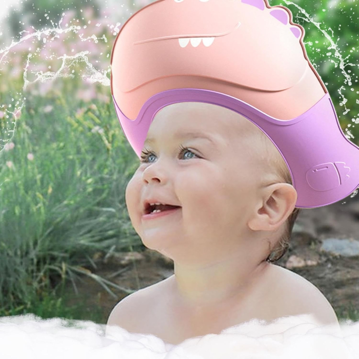 Casca de Dus, , Previne Scurgerea Apei si Samponului pe Fata, 0-12 Ani, Ajustabila, din TPE+PP, 20 x 23 cm, Model Crocodil, Roz/Mov [4]