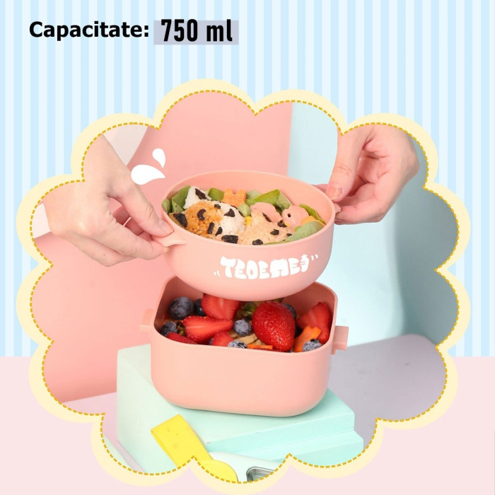 Caserola pentru copii , lunch box, 750 ml, doua boluri, lingura, foarfeca din plastic, rezistenta la scurgeri, Roz [12]