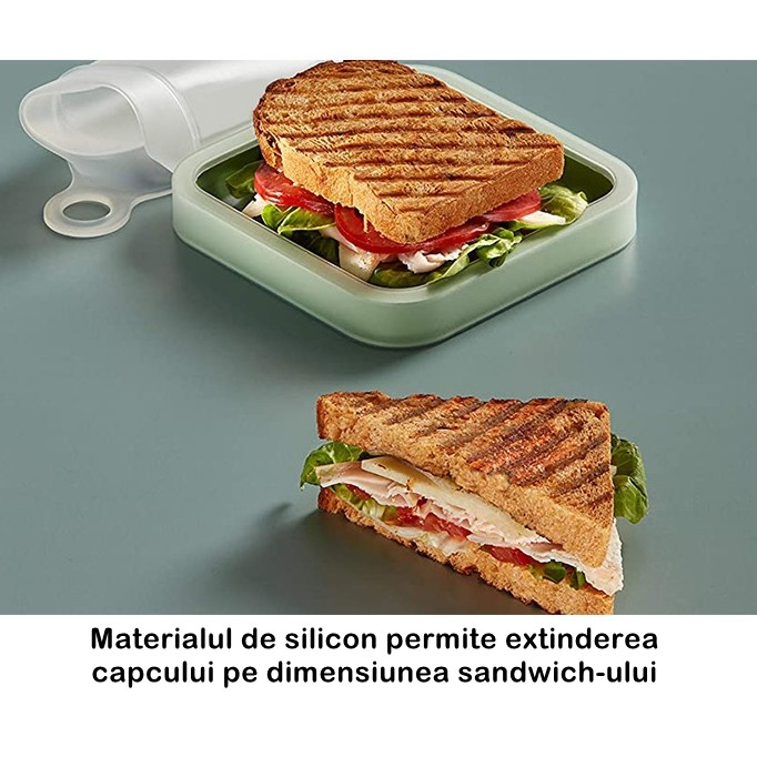 Caserola pentru sandwich , din silicon si polipropilena, portabil, usor de curatat, capac anti-scurgere, reutilizabil, 15.5 x 15.5 x 2.5 cm, verde [5]