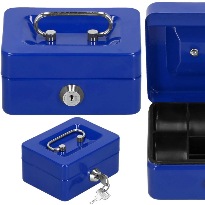Caseta pentru bani tip cutie de valori, compartimentanta, cu cheie, metal, 12.5x9.5x6.5cm, albastru [11]
