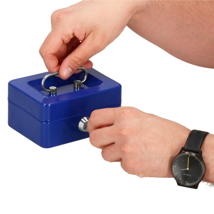 Caseta pentru bani tip cutie de valori, compartimentanta, cu cheie, metal, 12.5x9.5x6.5cm, albastru [4]