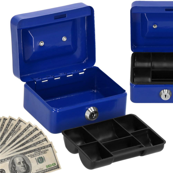 Caseta pentru bani tip cutie de valori, compartimentanta, cu cheie, metal, 12.5x9.5x6.5cm, albastru [17]