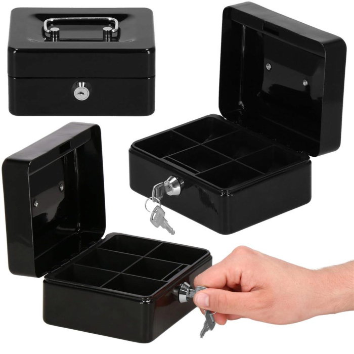 Caseta pentru bani tip cutie de valori, compartimentanta, cu cheie, metal, 15x12x8cm, negru [18]