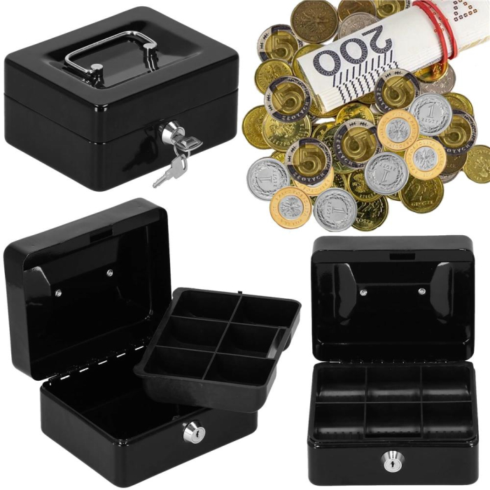 Caseta pentru bani tip cutie de valori, compartimentanta, cu cheie, metal, 15x12x8cm, negru [5]