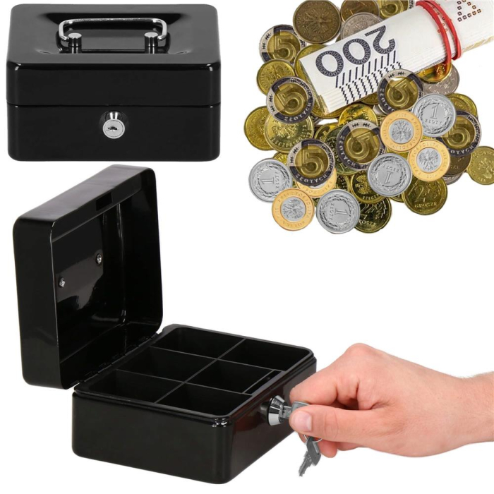 Caseta pentru bani tip cutie de valori, compartimentanta, cu cheie, metal, 15x12x8cm, negru [24]