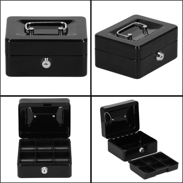Caseta pentru bani tip cutie de valori, compartimentanta, cu cheie, metal, 15x12x8cm, negru [15]