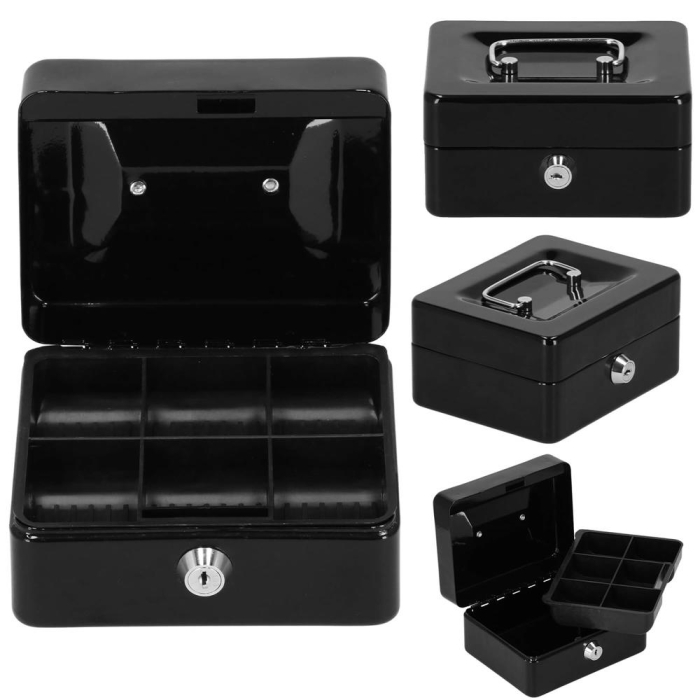 Caseta pentru bani tip cutie de valori, compartimentanta, cu cheie, metal, 15x12x8cm, negru [17]