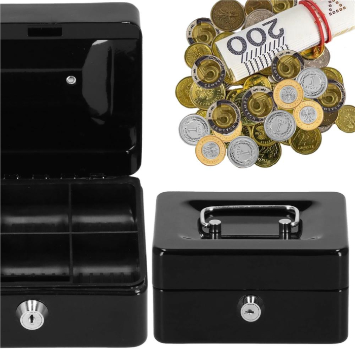 Caseta pentru bani tip cutie de valori, compartimentanta, cu cheie, metal, 15x12x8cm, negru [4]