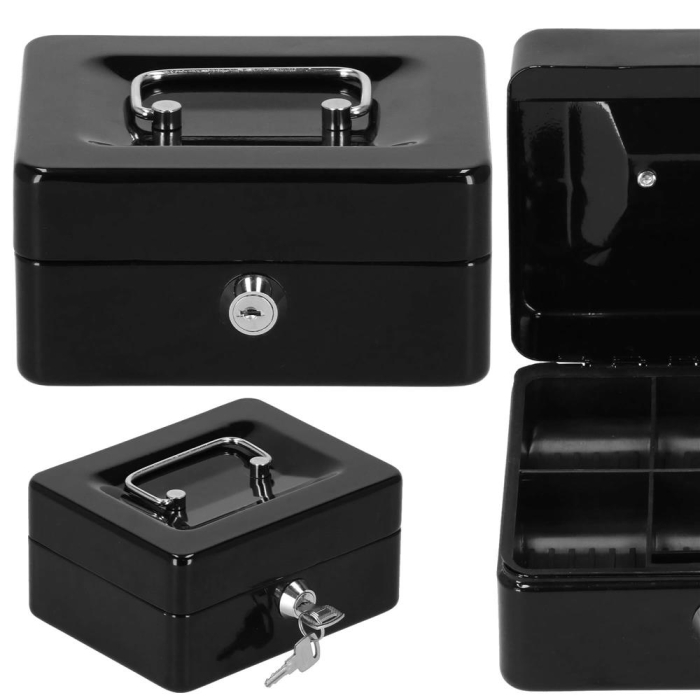 Caseta pentru bani tip cutie de valori, compartimentanta, cu cheie, metal, 15x12x8cm, negru [16]