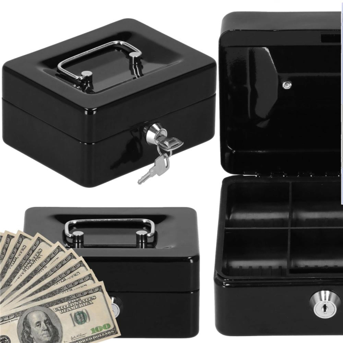 Caseta pentru bani tip cutie de valori, compartimentanta, cu cheie, metal, 15x12x8cm, negru [23]