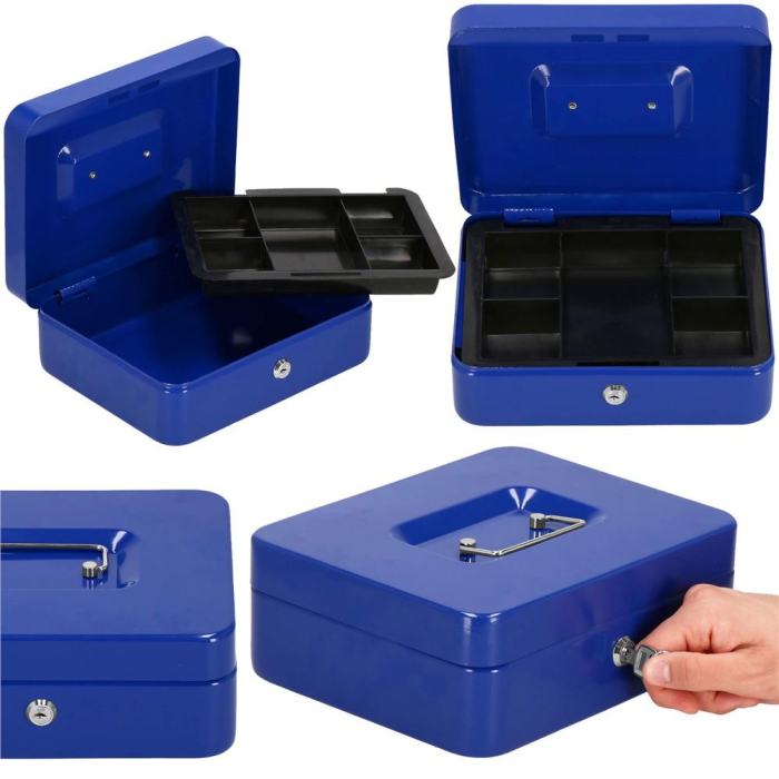 Caseta pentru bani tip cutie de valori, compartimentanta, cu cheie, metal, 20x16x9cm, albastru [18]