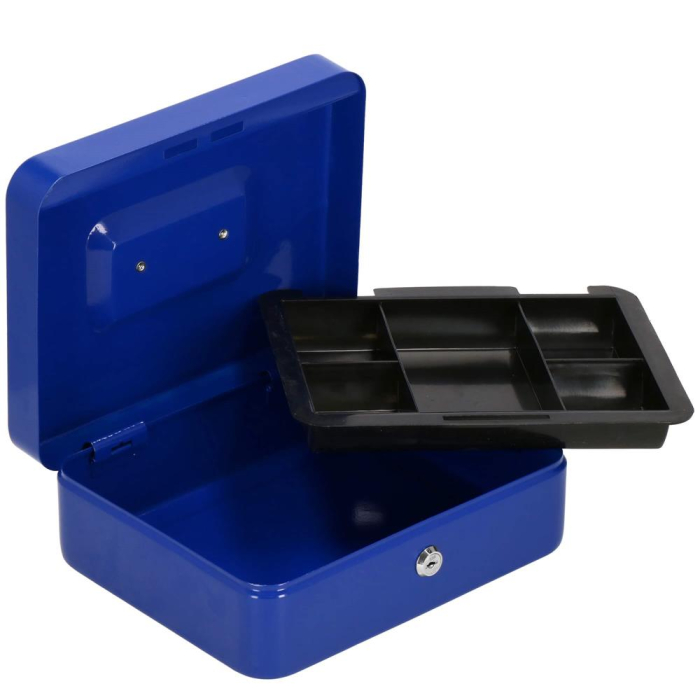 Caseta pentru bani tip cutie de valori, compartimentanta, cu cheie, metal, 20x16x9cm, albastru [1]