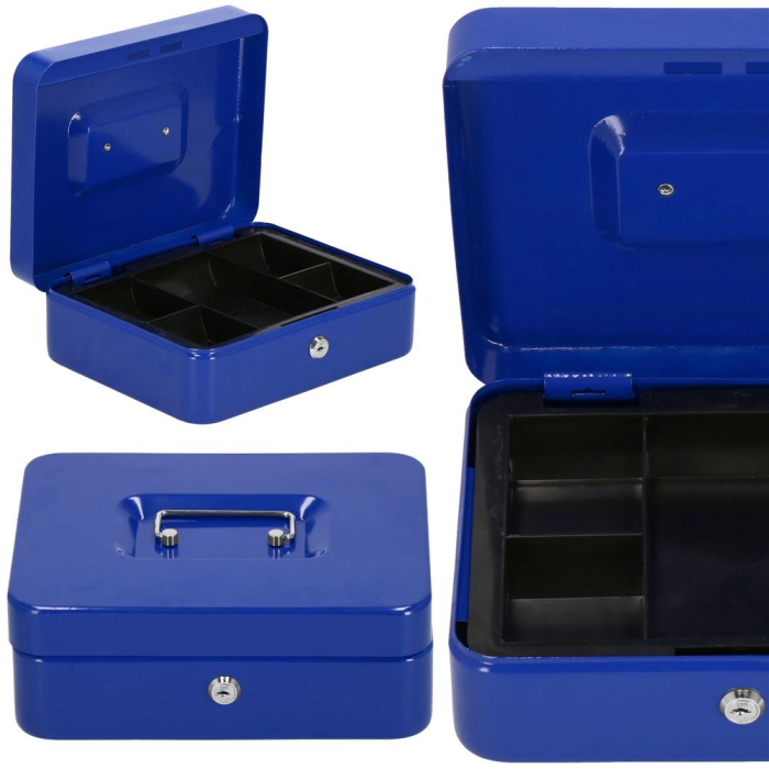 Caseta pentru bani tip cutie de valori, compartimentanta, cu cheie, metal, 20x16x9cm, albastru [24]
