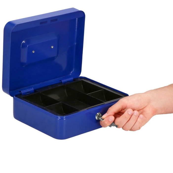 Caseta pentru bani tip cutie de valori, compartimentanta, cu cheie, metal, 20x16x9cm, albastru [12]