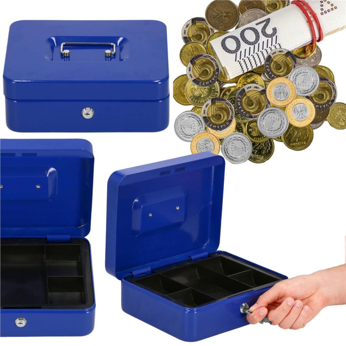 Caseta pentru bani tip cutie de valori, compartimentanta, cu cheie, metal, 20x16x9cm, albastru [23]