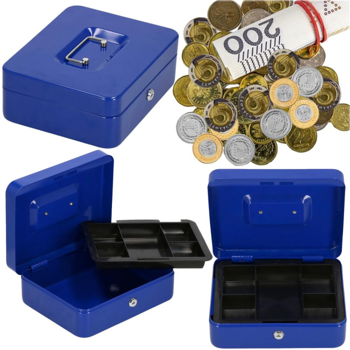 Caseta pentru bani tip cutie de valori, compartimentanta, cu cheie, metal, 20x16x9cm, albastru [17]