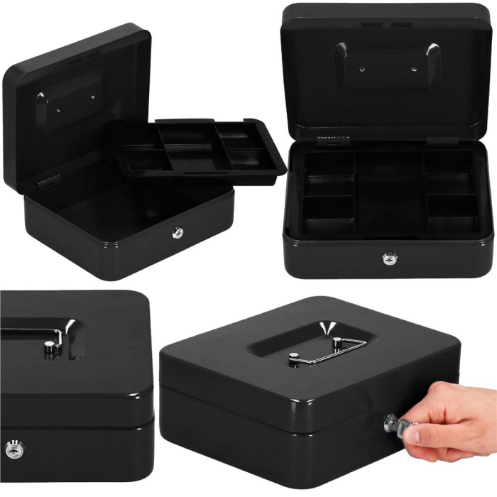 Caseta pentru bani tip cutie de valori, compartimentanta, cu cheie, metal, 30x24x9cm, negru [15]