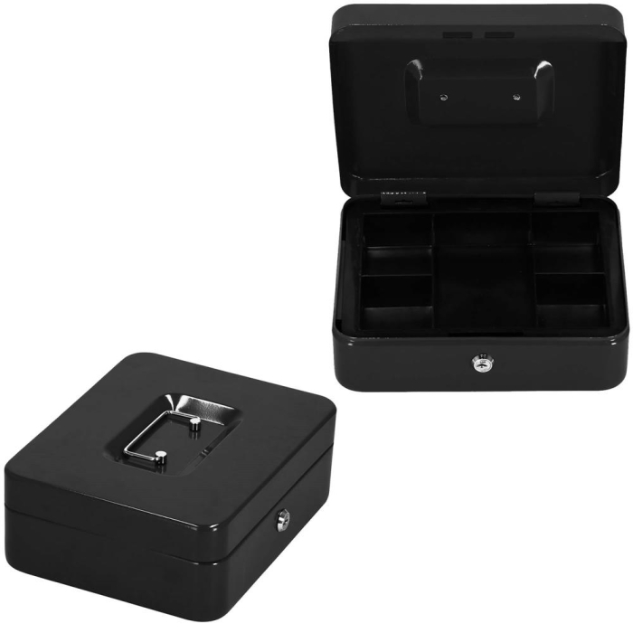 Caseta pentru bani tip cutie de valori, compartimentanta, cu cheie, metal, 30x24x9cm, negru [23]