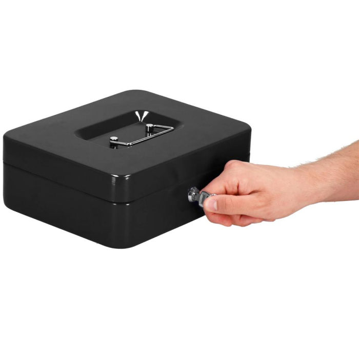 Caseta pentru bani tip cutie de valori, compartimentanta, cu cheie, metal, 30x24x9cm, negru [4]