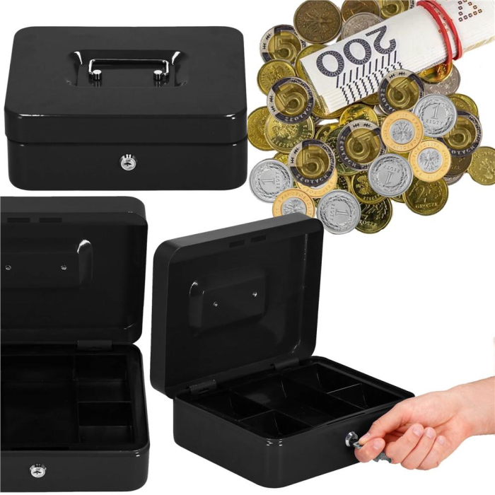 Caseta pentru bani tip cutie de valori, compartimentanta, cu cheie, metal, 30x24x9cm, negru [20]