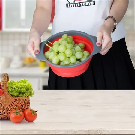 Bol cu Strecuratoare Pliabil din Silicon fara Maner, Diametru 23.5cm Rotund, Rosu [3]