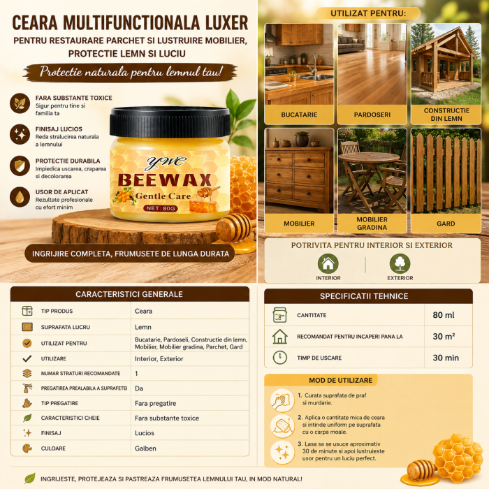 Ceara Naturala pentru Reconditionare, Hidratare si Lustruire Lemn si Mobilier, cu Extract din Miere, 80g, ORIGINAL DEALS [5]