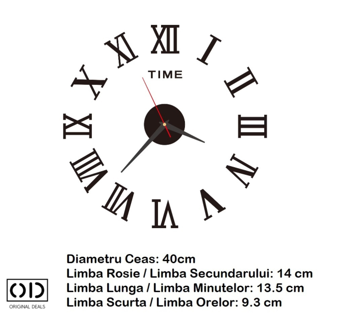 ceas perete 3d, ceas autoadeziv perete, ceas decorativ modern, ceas silentios fara ticait, ceas negru cu cifre Romane sau Arabe (3-6-9-12), ceas de perete design modern, ceas quartz perete, [2]