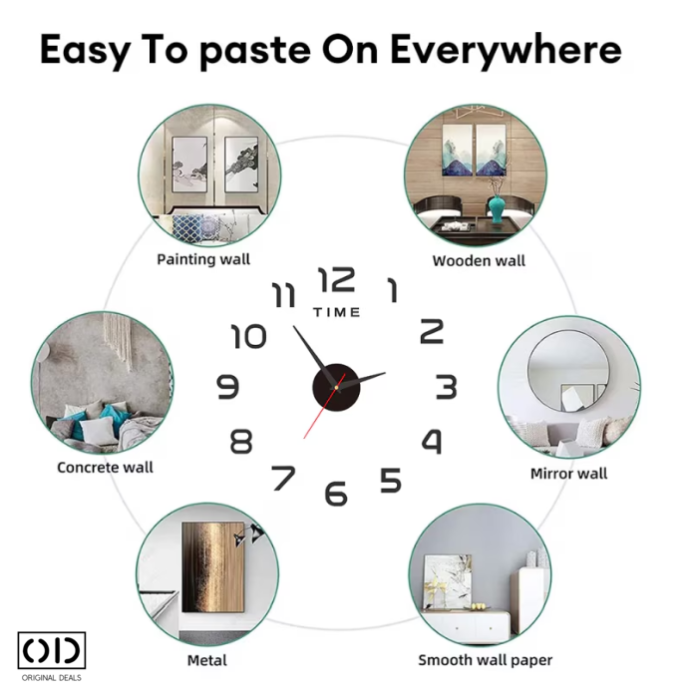 ceas perete 3d, ceas autoadeziv perete, ceas decorativ modern, ceas silentios fara ticait, ceas negru cu cifre Romane sau Arabe (3-6-9-12), ceas de perete design modern, ceas quartz perete, [4]