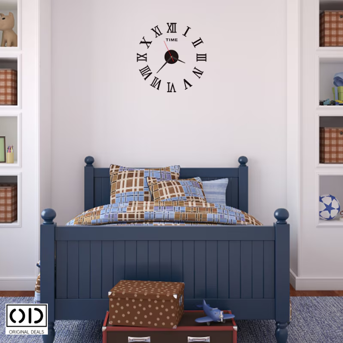 ceas perete 3d, ceas autoadeziv perete, ceas decorativ modern, ceas silentios fara ticait, ceas negru cu cifre Romane sau Arabe (3-6-9-12), ceas de perete design modern, ceas quartz perete, [6]