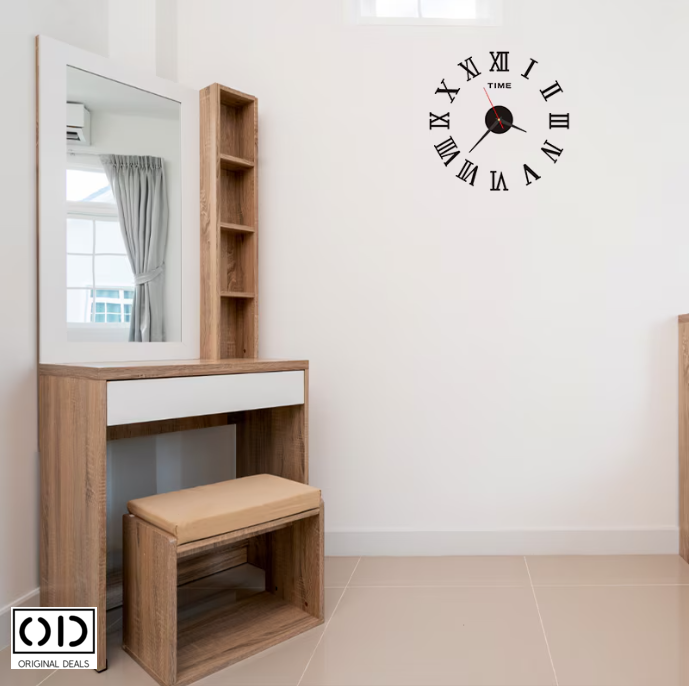 ceas perete 3d, ceas autoadeziv perete, ceas decorativ modern, ceas silentios fara ticait, ceas negru cu cifre Romane sau Arabe (3-6-9-12), ceas de perete design modern, ceas quartz perete, [7]