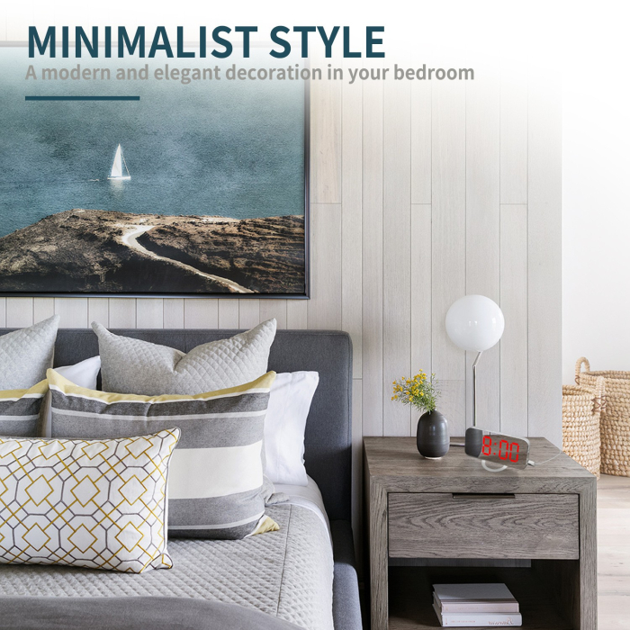 Ceas digital cu LED, , multifunctional, afisaj digital, alarma, 2 porturi USB de iesire, ecran tip oglinda, modern, 15.8 cm, alb [8]