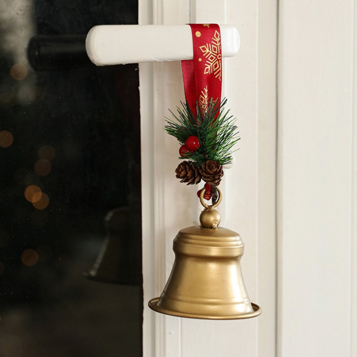 Clopot decorativ pentru Brad Craciun, , Clopot din Metal cu Funda si Crenguta de Brad pentru Decoratiune de Craciun, 10 x 8 x 8 cm, Auriu [3]