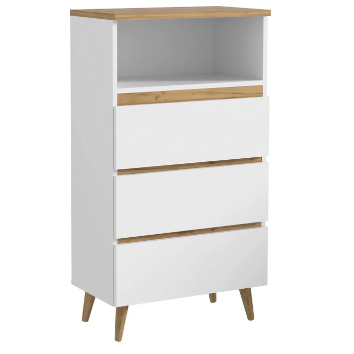 Comoda biblioteca Norge 03 cu 3 sertare si raft deschis, 65x37x119 cm, alb si stejar craft [1]