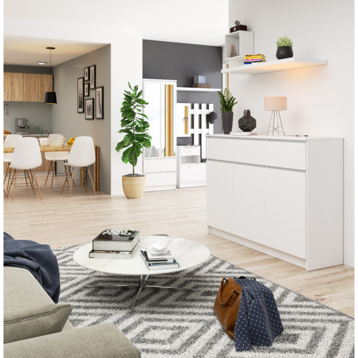 Comoda cu 3 usi si 3 sertare, PAL laminat, 138x40x99 cm, alb mat [6]