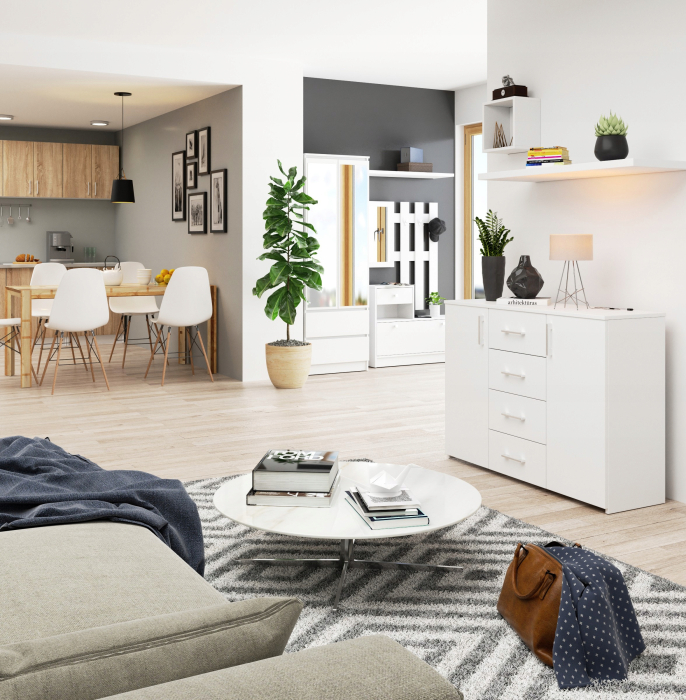 Comoda cu 4 sertare si 2 usi, PAL laminat, 110x35x80 cm, alb mat [2]