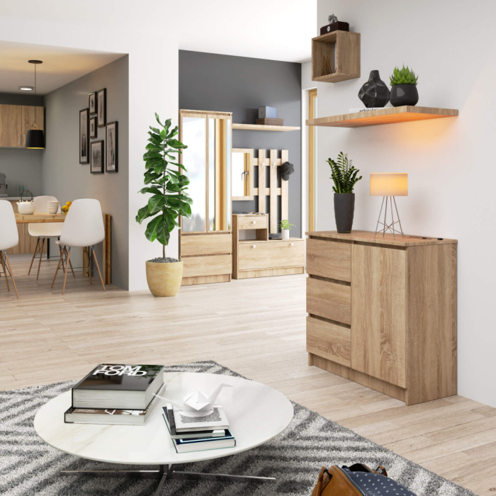 Comoda JERRY cu 3 sertare si dulap cu rafturi, PAL laminat, 80x35x77 cm, stejar sonoma [4]