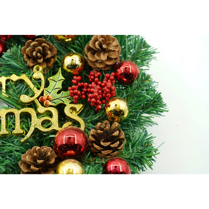 Coronita de Craciun pentru usa, Rosu-Auriu-Verde, 40 cm, PVC, Artificiala, Decorata, Interior/Exterior,  [3]