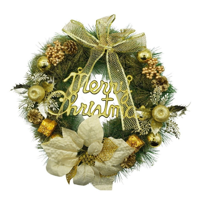Coronita de Craciun pentru usa, Verde-Auriu, 40 cm, PVC, Artificiala, Decorata, Interior/Exterior,  [1]
