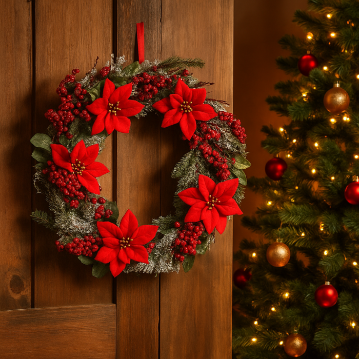 Coronita decorativa pentru Craciun, cu flori Poinsettia, diametru 50 cm, verde si rosu [2]