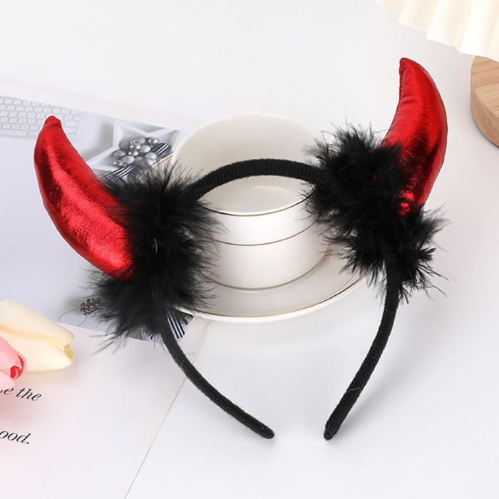 Coronita Deghizare, , Model Cornite Devil, Rosu Satinat cu Puf Negru, Marime Universala [3]