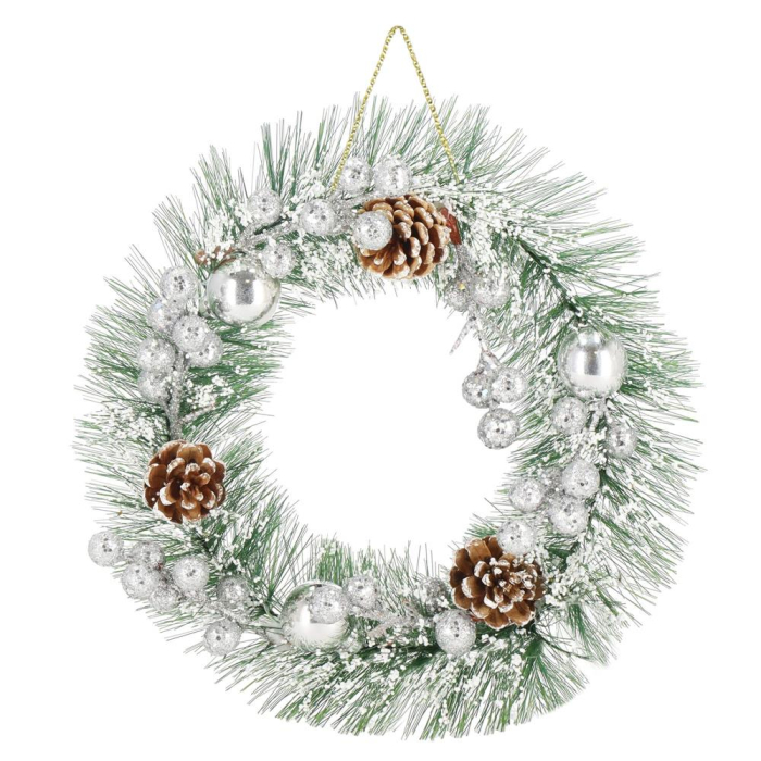 Coronita pentru Craciun, 24 cm, din brad artificial, cu conuri si zapada, verde [2]