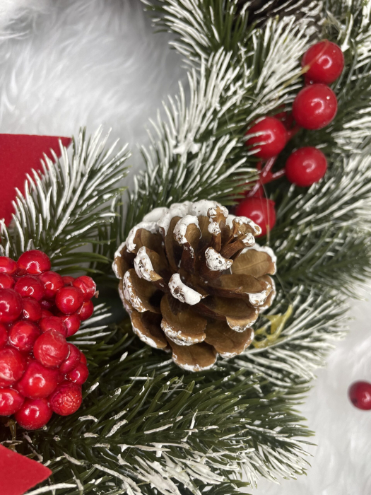 Coronita pentru Craciun, 40 cm, din brad artificial 3D, cu conuri si zapada, verde [15]