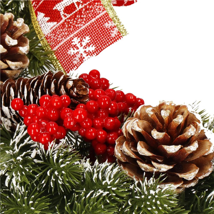 Coronita pentru Craciun, 40 cm, din brad artificial 3D, cu conuri si zapada, verde [7]