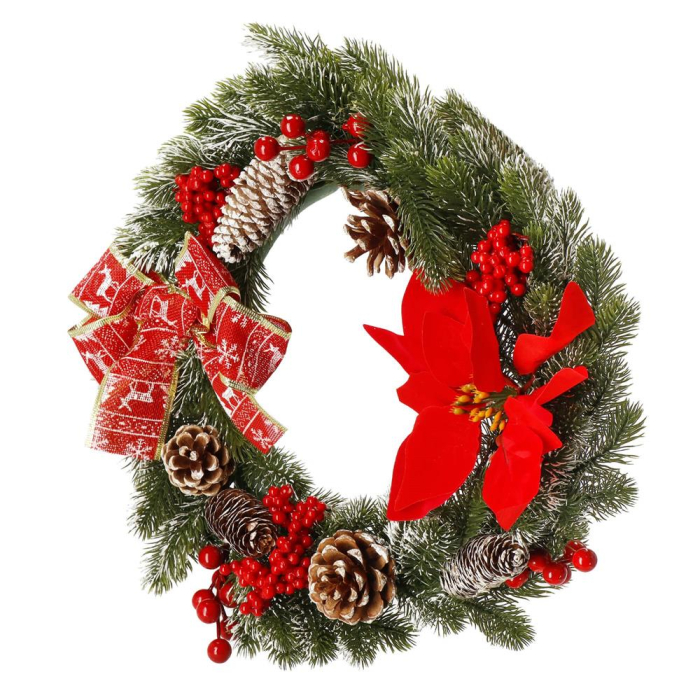 Coronita pentru Craciun, 40 cm, din brad artificial 3D, cu conuri si zapada, verde [4]