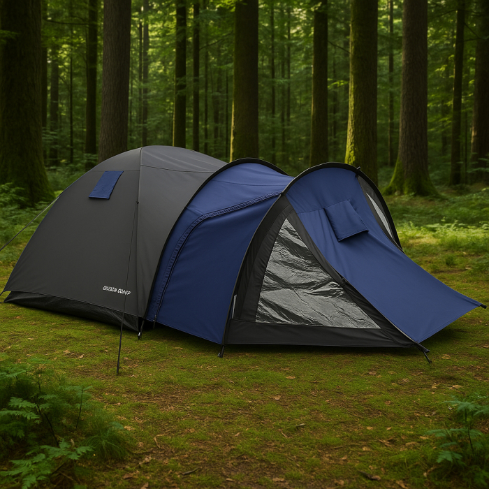 Cort camping 4 persoane cu antreu, impermeabil 3000 mm, 450x210x150 cm, negru si albastru [13]
