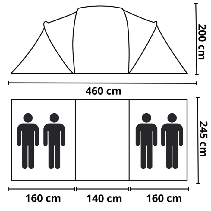 Cort camping, impemeabil, 2 camere + hol, 4 locuri, 460x200x245cm, verde [23]