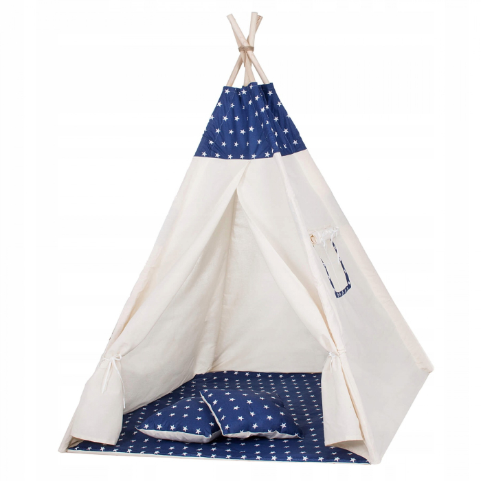 Cort copii Sersimo stil indian Teepee Tent cu fereastra, covoras gros si 2 perne, alb albastru inchis cu stelute [2]