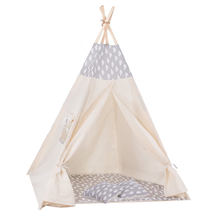 Cort copii Sersimo stil indian Teepee Tent cu fereastra, covoras gros si 2 perne, alb gri cu norisori [1]