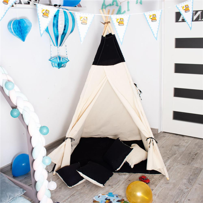 Cort copii Sersimo stil indian Teepee Tent cu fereastra, covoras gros si 2 perne, alb negru [15]