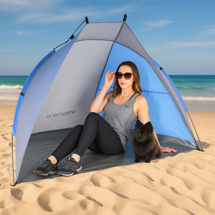 Cort plaja pentru 2 persoane, cu protectie UV si podea izolanta, 200x100x105 cm, albastru si gri [7]